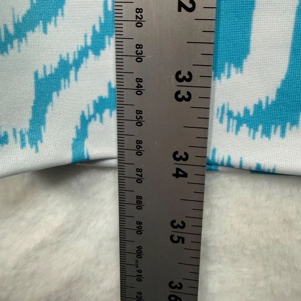 Gretchen Scott Dress S Blue White Ikat Print Ruffle Neck 3/4 Sleeve Stretch